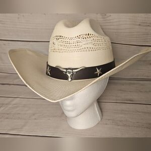 Lone Star Hats White Western Hard Shell Straw Cowboy Hat Longhorn And Star Band